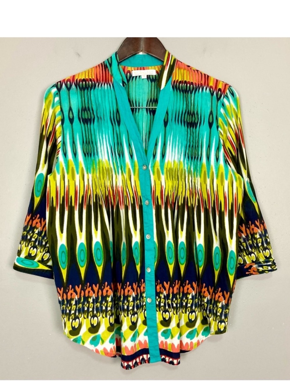 Shiraleah Tribal Print Button-Front Blouse Women’s Size S Pleated Cotton Western